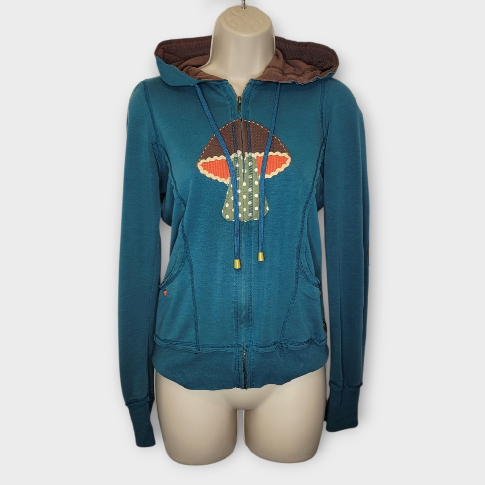 Y2K LA Kitty Zip Front Mushroom Hoodie S Teal Blue